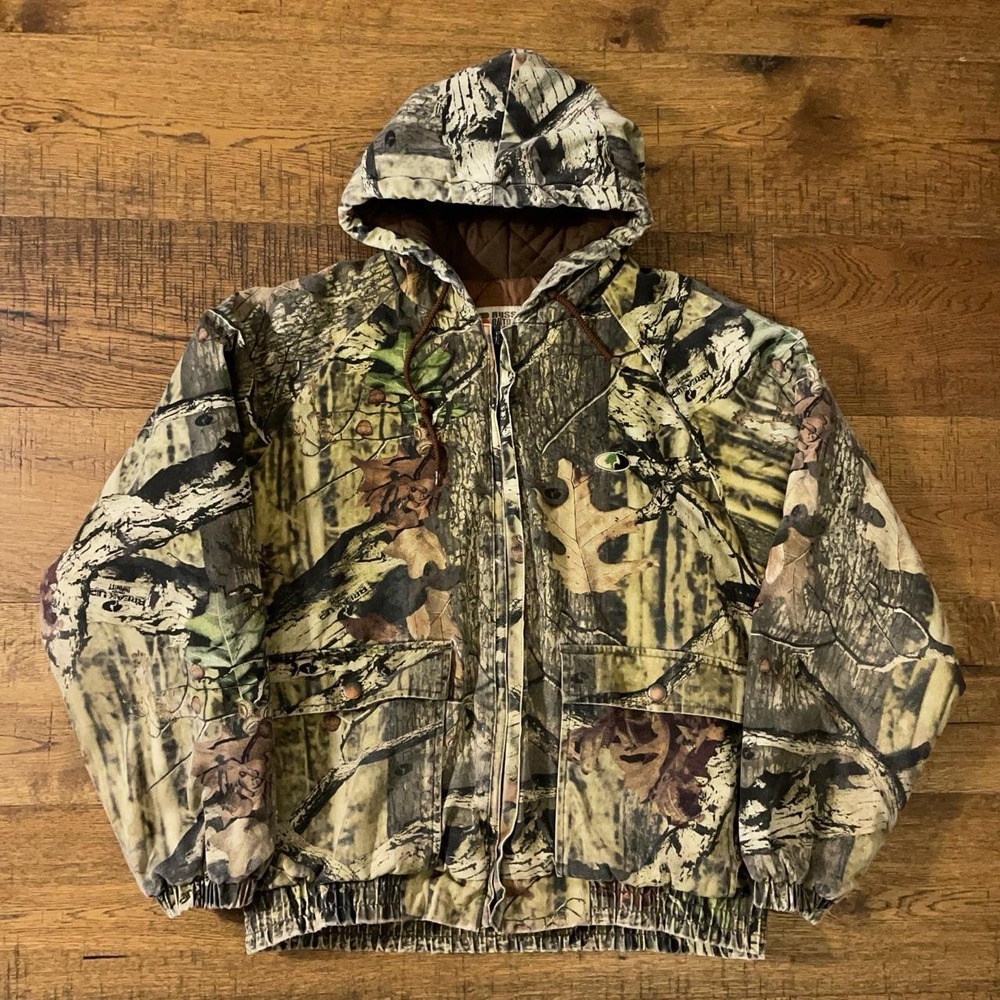 Russell Outdoors Camo Jacket Mens M Brown Hunting Realtree Quilted Zip Up Hooded